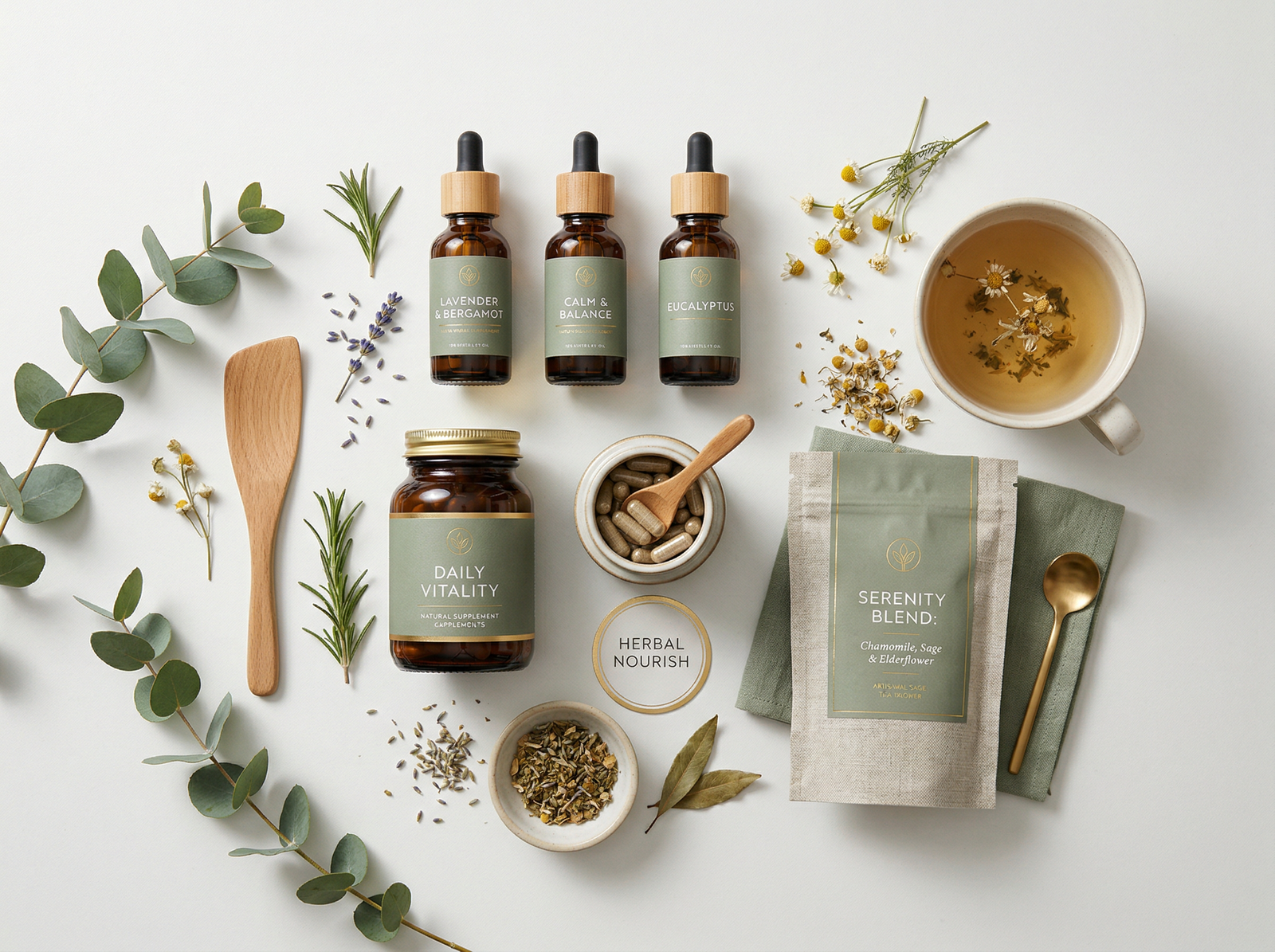 Wellness products including essential oils and supplements