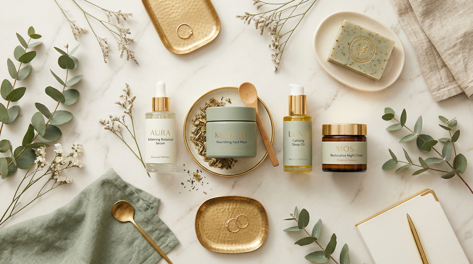 Curated wellness and beauty products arranged elegantly